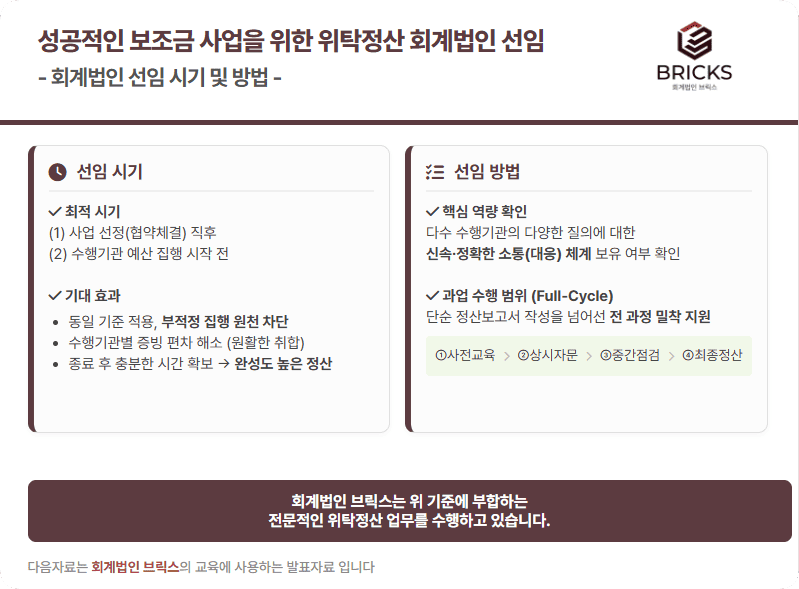 성공적인 보조금 사업을 위한 위탁정산 회계법인 선임 시기와 방법 회계법인 브릭스