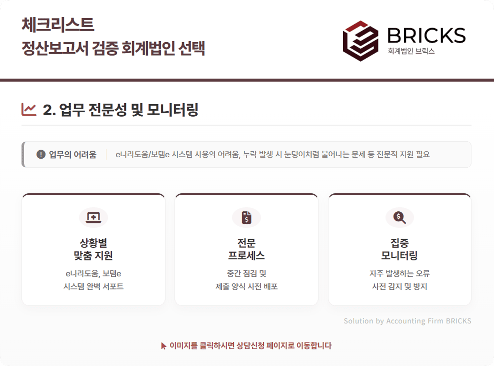 보조금 사업비 정산 검증 회계법인 선택 체크리스트 - 업무 전문성 및 모니터링_회계법인브릭스